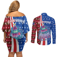 Cape Verde Christmas Couples Matching Off Shoulder Short Dress and Long Sleeve Button Shirt with Red and Blue Festive Pattern Christmas Tree and National Emblem Motif - Wonder Print Shop