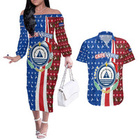 Cape Verde Christmas Couples Matching Off The Shoulder Long Sleeve Dress and Hawaiian Shirt with Red and Blue Festive Pattern Christmas Tree and National Emblem Motif - Wonder Print Shop