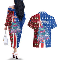 Cape Verde Christmas Couples Matching Off The Shoulder Long Sleeve Dress and Hawaiian Shirt with Red and Blue Festive Pattern Christmas Tree and National Emblem Motif - Wonder Print Shop