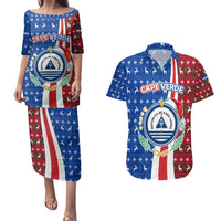 Cape Verde Christmas Couples Matching Puletasi and Hawaiian Shirt with Red and Blue Festive Pattern Christmas Tree and National Emblem Motif - Wonder Print Shop