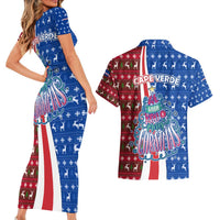 Cape Verde Christmas Couples Matching Short Sleeve Bodycon Dress and Hawaiian Shirt with Red and Blue Festive Pattern Christmas Tree and National Emblem Motif - Wonder Print Shop