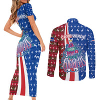 Cape Verde Christmas Couples Matching Short Sleeve Bodycon Dress and Long Sleeve Button Shirt with Red and Blue Festive Pattern Christmas Tree and National Emblem Motif - Wonder Print Shop