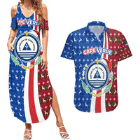 Cape Verde Christmas Couples Matching Summer Maxi Dress and Hawaiian Shirt with Red and Blue Festive Pattern Christmas Tree and National Emblem Motif - Wonder Print Shop