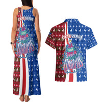 Cape Verde Christmas Couples Matching Tank Maxi Dress and Hawaiian Shirt with Red and Blue Festive Pattern Christmas Tree and National Emblem Motif - Wonder Print Shop