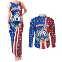 Cape Verde Christmas Couples Matching Tank Maxi Dress and Long Sleeve Button Shirt with Red and Blue Festive Pattern Christmas Tree and National Emblem Motif - Wonder Print Shop