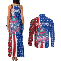 Cape Verde Christmas Couples Matching Tank Maxi Dress and Long Sleeve Button Shirt with Red and Blue Festive Pattern Christmas Tree and National Emblem Motif - Wonder Print Shop