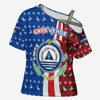 Cape Verde Christmas Cross Shoulder Shirt with Red and Blue Festive Pattern Christmas Tree and National Emblem Motif - Wonder Print Shop