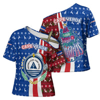 Cape Verde Christmas Cross Shoulder Shirt with Red and Blue Festive Pattern Christmas Tree and National Emblem Motif - Wonder Print Shop