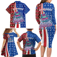 Cape Verde Christmas Family Matching Long Sleeve Bodycon Dress and Hawaiian Shirt with Red and Blue Festive Pattern Christmas Tree and National Emblem Motif - Wonder Print Shop