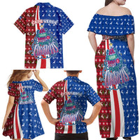 Cape Verde Christmas Family Matching Off Shoulder Maxi Dress and Hawaiian Shirt with Red and Blue Festive Pattern Christmas Tree and National Emblem Motif - Wonder Print Shop