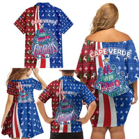 Cape Verde Christmas Family Matching Off Shoulder Short Dress and Hawaiian Shirt with Red and Blue Festive Pattern Christmas Tree and National Emblem Motif - Wonder Print Shop