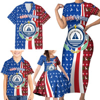 Cape Verde Christmas Family Matching Short Sleeve Bodycon Dress and Hawaiian Shirt with Red and Blue Festive Pattern Christmas Tree and National Emblem Motif - Wonder Print Shop