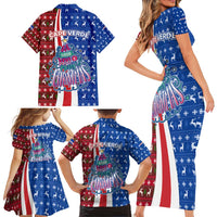 Cape Verde Christmas Family Matching Short Sleeve Bodycon Dress and Hawaiian Shirt with Red and Blue Festive Pattern Christmas Tree and National Emblem Motif - Wonder Print Shop