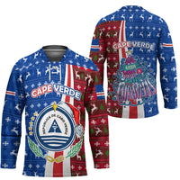 Cape Verde Christmas Hockey Jersey with Red and Blue Festive Pattern Christmas Tree and National Emblem Motif - Wonder Print Shop