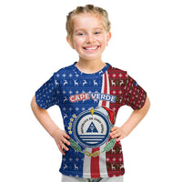 Cape Verde Christmas Kid T Shirt with Red and Blue Festive Pattern Christmas Tree and National Emblem Motif - Wonder Print Shop