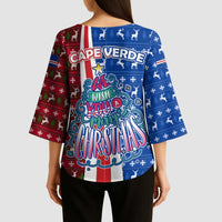 Cape Verde Christmas Kimono Sleeve Blouse with Red and Blue Festive Pattern Christmas Tree and National Emblem Motif - Wonder Print Shop