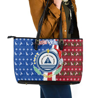 Cape Verde Christmas Leather Tote Bag with Red and Blue Festive Pattern Christmas Tree and National Emblem Motif - Wonder Print Shop