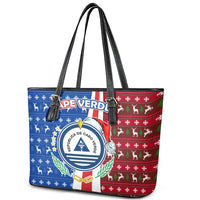 Cape Verde Christmas Leather Tote Bag with Red and Blue Festive Pattern Christmas Tree and National Emblem Motif - Wonder Print Shop