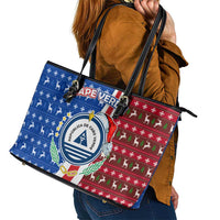 Cape Verde Christmas Leather Tote Bag with Red and Blue Festive Pattern Christmas Tree and National Emblem Motif - Wonder Print Shop
