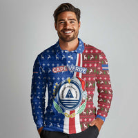 Cape Verde Christmas Long Sleeve Polo Shirt with Red and Blue Festive Pattern Christmas Tree and National Emblem Motif - Wonder Print Shop