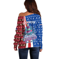 Cape Verde Christmas Off Shoulder Sweater with Red and Blue Festive Pattern Christmas Tree and National Emblem Motif - Wonder Print Shop