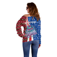 Cape Verde Christmas Off Shoulder Sweater with Red and Blue Festive Pattern Christmas Tree and National Emblem Motif - Wonder Print Shop