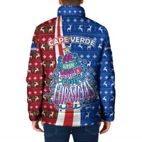 Cape Verde Christmas Padded Jacket with Red and Blue Festive Pattern Christmas Tree and National Emblem Motif - Wonder Print Shop