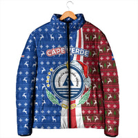 Cape Verde Christmas Padded Jacket with Red and Blue Festive Pattern Christmas Tree and National Emblem Motif - Wonder Print Shop