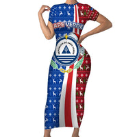 Cape Verde Christmas Short Sleeve Bodycon Dress with Red and Blue Festive Pattern Christmas Tree and National Emblem Motif - Wonder Print Shop