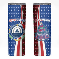 Cape Verde Christmas Skinny Tumbler with Red and Blue Festive Pattern Christmas Tree and National Emblem Motif - Wonder Print Shop