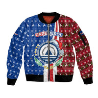 Cape Verde Christmas Sleeve Zip Bomber Jacket with Red and Blue Festive Pattern Christmas Tree and National Emblem Motif - Wonder Print Shop