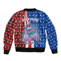 Cape Verde Christmas Sleeve Zip Bomber Jacket with Red and Blue Festive Pattern Christmas Tree and National Emblem Motif - Wonder Print Shop