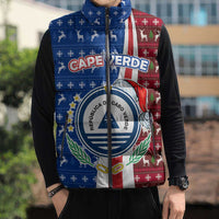 Cape Verde Christmas Sleeveless Puffer Jacket with Red and Blue Festive Pattern Christmas Tree and National Emblem Motif - Wonder Print Shop