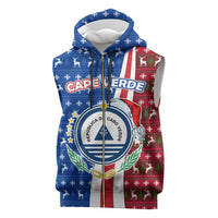 Cape Verde Christmas Sleeveless Zip Hoodie with Red and Blue Festive Pattern Christmas Tree and National Emblem Motif - Wonder Print Shop