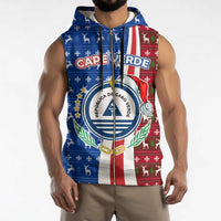 Cape Verde Christmas Sleeveless Zip Hoodie with Red and Blue Festive Pattern Christmas Tree and National Emblem Motif - Wonder Print Shop