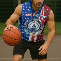 Cape Verde Christmas Sleeveless Zip Hoodie with Red and Blue Festive Pattern Christmas Tree and National Emblem Motif - Wonder Print Shop