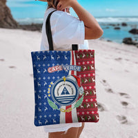 Cape Verde Christmas Tote Bag with Red and Blue Festive Pattern Christmas Tree and National Emblem Motif - Wonder Print Shop