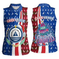Cape Verde Christmas Women Sleeveless Polo Shirt with Red and Blue Festive Pattern Christmas Tree and National Emblem Motif - Wonder Print Shop