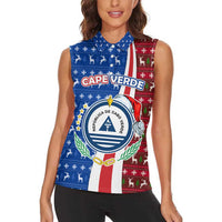 Cape Verde Christmas Women Sleeveless Polo Shirt with Red and Blue Festive Pattern Christmas Tree and National Emblem Motif - Wonder Print Shop