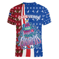 Cape Verde Christmas Women V-Neck T-Shirt with Red and Blue Festive Pattern Christmas Tree and National Emblem Motif - Wonder Print Shop