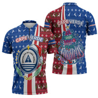Cape Verde Christmas Zipper Polo Shirt with Red and Blue Festive Pattern Christmas Tree and National Emblem Motif - Wonder Print Shop