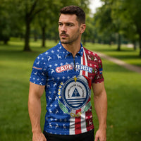 Cape Verde Christmas Zipper Polo Shirt with Red and Blue Festive Pattern Christmas Tree and National Emblem Motif - Wonder Print Shop