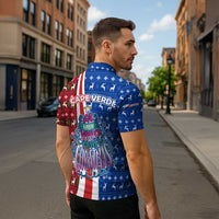 Cape Verde Christmas Zipper Polo Shirt with Red and Blue Festive Pattern Christmas Tree and National Emblem Motif - Wonder Print Shop