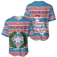Texas Christmas Baseball Jersey with Blue and Red Striped Festive Pattern Lone Star and Santa Motif - Wonder Print Shop