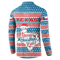 Texas Christmas Button Sweatshirt with Blue and Red Striped Festive Pattern Lone Star and Santa Motif - Wonder Print Shop