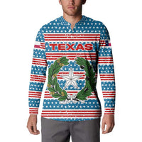 Texas Christmas Button Sweatshirt with Blue and Red Striped Festive Pattern Lone Star and Santa Motif - Wonder Print Shop