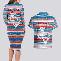 Texas Christmas Couples Matching Long Sleeve Bodycon Dress and Hawaiian Shirt with Blue and Red Striped Festive Pattern Lone Star and Santa Motif - Wonder Print Shop
