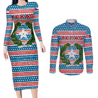 Texas Christmas Couples Matching Long Sleeve Bodycon Dress and Long Sleeve Button Shirt with Blue and Red Striped Festive Pattern Lone Star and Santa Motif - Wonder Print Shop