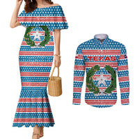 Texas Christmas Couples Matching Mermaid Dress and Long Sleeve Button Shirt with Blue and Red Striped Festive Pattern Lone Star and Santa Motif - Wonder Print Shop