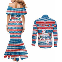 Texas Christmas Couples Matching Mermaid Dress and Long Sleeve Button Shirt with Blue and Red Striped Festive Pattern Lone Star and Santa Motif - Wonder Print Shop